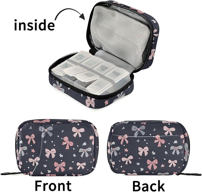 Fustylead Cute Hand Draw Bow Travel Pill Organizer Bag with Zipper Small Pill Box 7 Day Pill Case for Purse Storage Weekly Vitamin Medicine Supplement