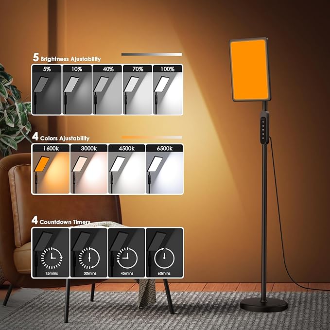 Light Therapy Lamp 12000 Lux,Sunlight Lamp with Touch&Remote Control, 4 Color Temperatures &5 Brightness Levels,Full Spectrum Daylight with 4 Timers,3-in-1 Retractable Floor Lamp.