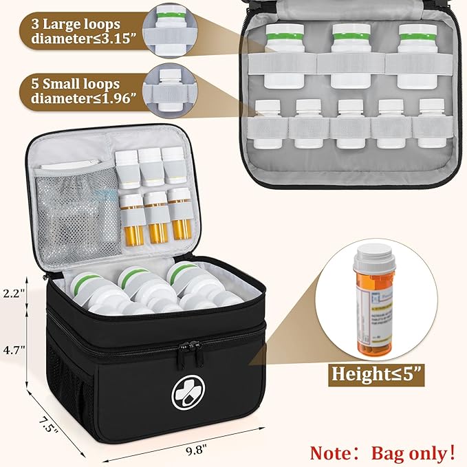 Dual Layers Medicine Organizer Bag, Pill Bottle Organizer Storage with Lockable Zipper, Lockable Medicine Travel Case for Pills, Vitamins, Medical Supplies, Black（Lock Not Included）