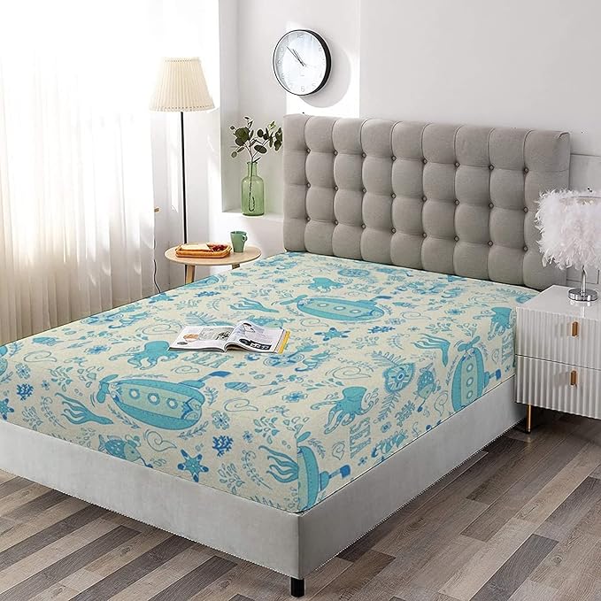 XISUNYA Decorative Bedding Sheet Set King Size, Aqua Deep Pockets Fitted Sheet & 2 Pillowcases Set(No Flat Sheet), Sea Adventure Underwater Fauna Submarine Coral Print Microfiber 3pc Bed Sheets Set