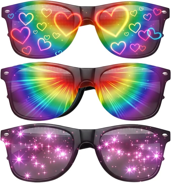 3-Pack Rave Glasses with Unique Designs, Diffraction glasses, Black Frame Grey Lens for Parties and Festivals, Light Refraction Glasses for Special Effects