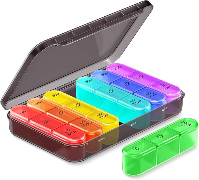 3 Times a Day Pill Organizer - 7 Day Portable Weekly Pill Box, Travel Pill Case with Snap-Locked Compartments, BPA-Free for Vitamins & Medication(Black)