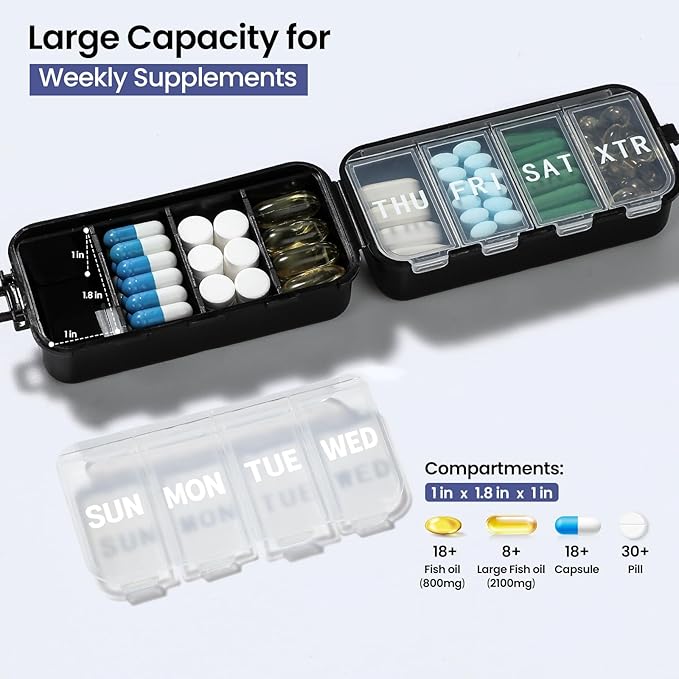 NEW Foldable Weekly Pill Organizer with Extra Grid, Portable 7 Day Pill Box Once / 1 Time a Day, Week Daily Medicine Organizer - Large Travel Pill Case Holder Dispenser for Vitamin, Supplement-Black