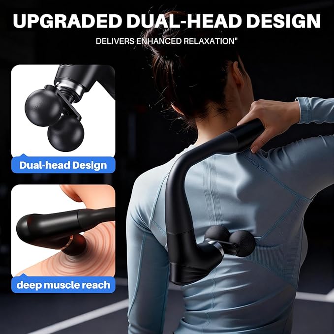 Dual-Head Massage Gun Deep Tissue with Extension Handle, Percussion Muscle Massager for Back, Neck, Shoulders, Waist & Legs, 12 Speed Levels, 5 Replaceable Heads, Pain Relief (Black)
