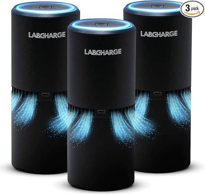 Lab Charge Small Ionic Air Purifier for Home & Bedroom – Silent HEPA Filter – Covers 250 Sq Ft - Free Cleaner for Pets, Hair, Smoke, Dust, Odors & Dander – Compact & Black Design - Pack of 3