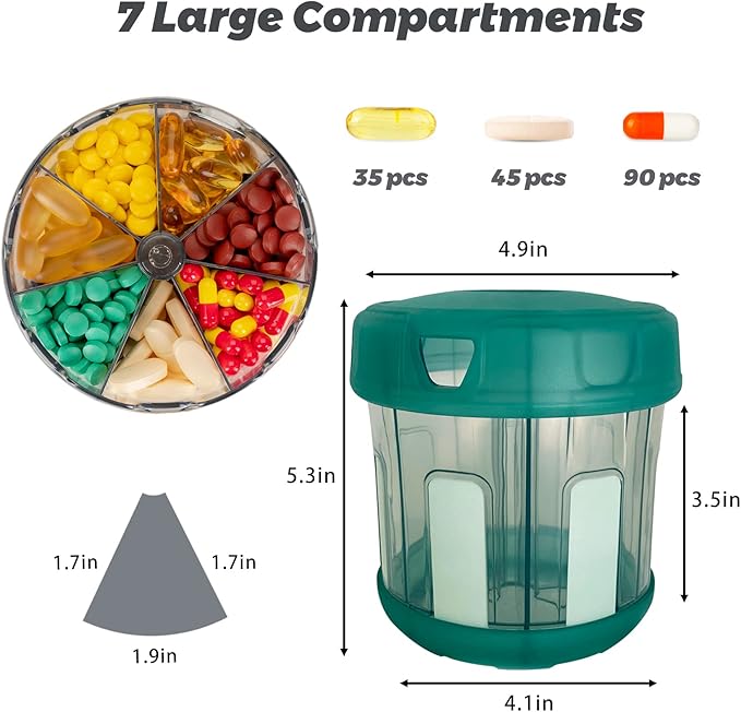 Extra Large Supplement Organizer with XL 7 Large Compartments, TPU Soft Lid Easy to Load and to Use Pill Dispenser, 1 Month Jumbo Vitamin Holder Medicine Storage