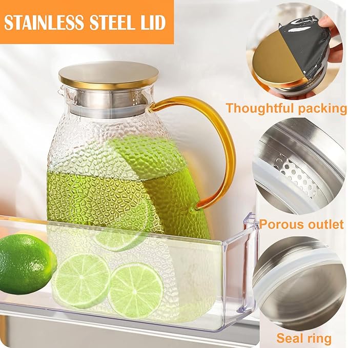 Water Pitcher, Fridge Door Glass Pitcher With Stainless Steel Lid, 1.8 Liter 60 oz High Borosilicate Glass Jug, Leakproof Fridge Door Carafe Jug for Hot/Cold Water Iced Tea Juice Coffee Beverage