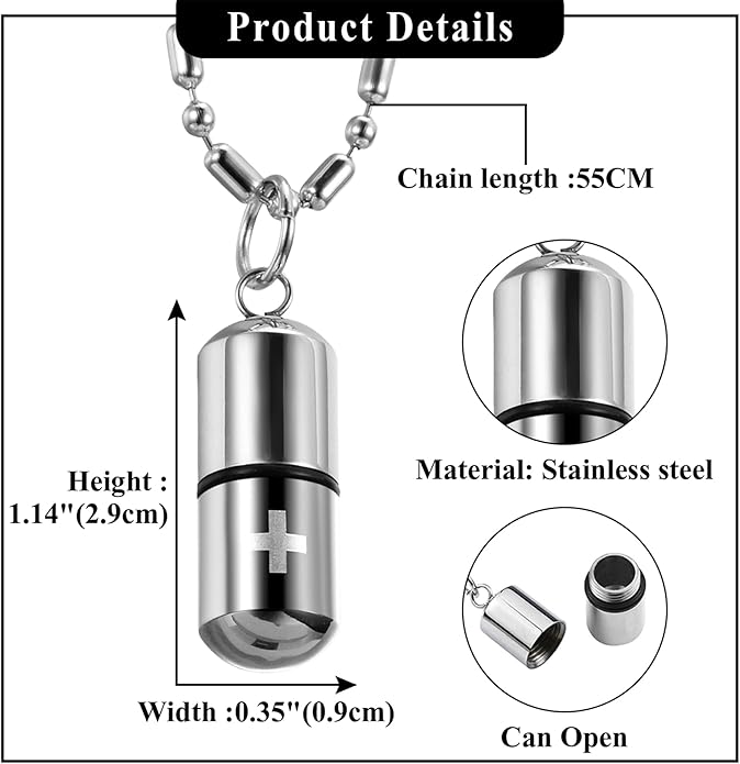 OIDEA Stainless Steel Pill Case Capsule Cross Medicine Keepsake Pendant Necklace Jewelry for Women and Men 22 inch Chain