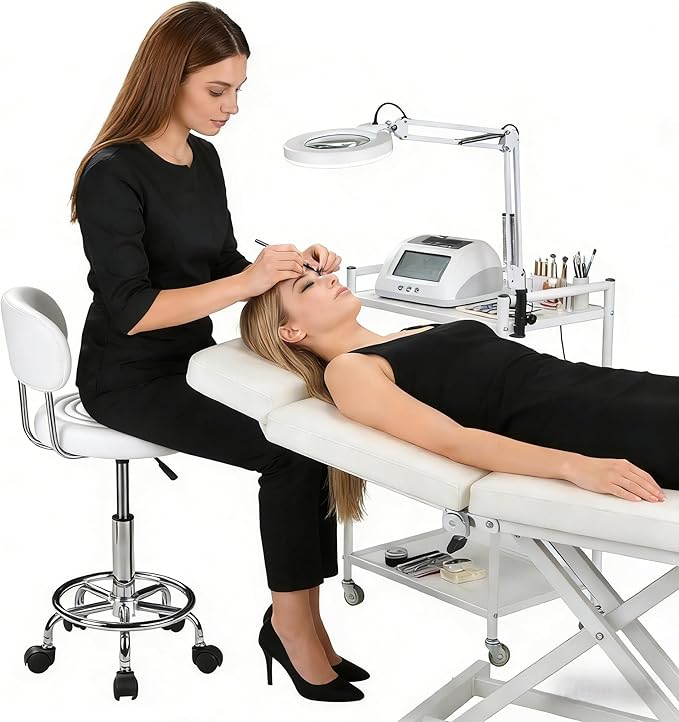 VECELO Salon Rolling Stool, Spa Chair with Backrest, Hydraulic Height Adjustable from 19.7" to 25.8" with 300 lb Capacity, for Salon, Spa, Lab (White)