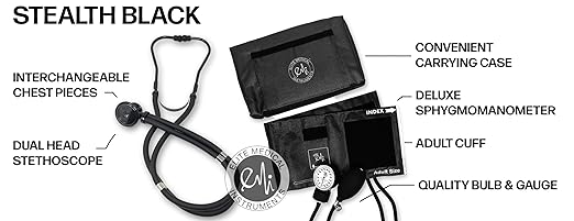EMI 330-ST Stealth Black Sprague Stethoscope and Aneroid Sphygmomanometer Blood Pressure Set - Manual BP Cuff Kit for Nurses, Doctors, and Students