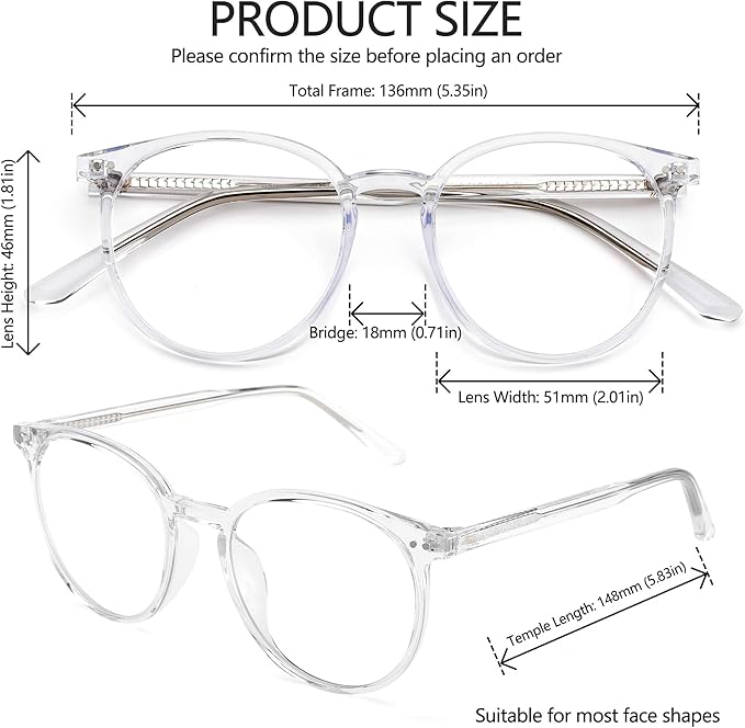 Blue Light Blocking Glasses for Women and Men, Round Frame Computer Gaming Anti Eyestrain & UV Glare RF6213 (Clear)
