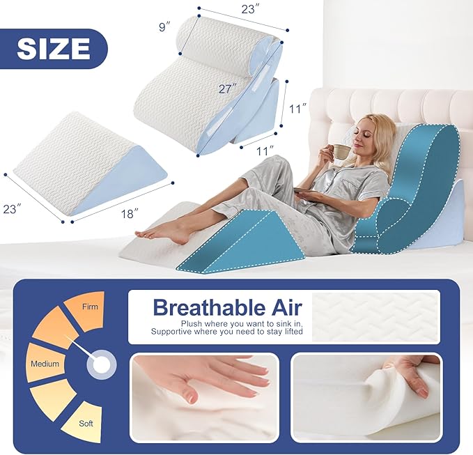 4PCS Wedge Pillow Set for Sleeping – Orthopedic Bed Pillow for Post Surgery, Adjustable Memory Foam Support for Sitting Up in Bed, Back Pain, GERD, Snoring Relief, White Blue