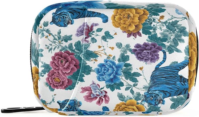 Vintage Floral Blue Tigers Travel Pill Organizer Case Box Container Weekly Portable Vitamin Medicine Holder Storage Bag with Zipper Removable