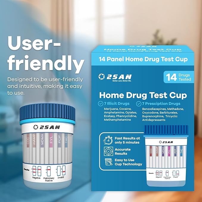 2San 14-Panel Drug Test Cup – Fast 5-Min Results – Screens for THC Cocaine Meth Opiates PCP MDMA Oxy & More – Accurate at-Home Urine Test Kit