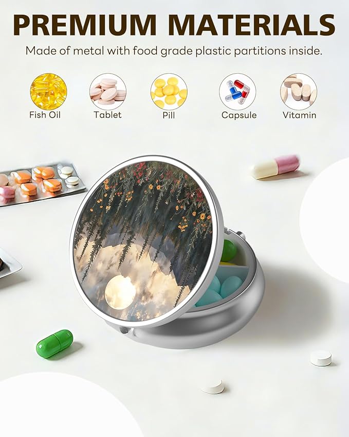 LRITER Pill Case, Portable Travel Pill Box, Pillbox Organizer, Cute Small Medicine Storage Container, Purse Accessories for Women, Men (Sunset Forest)