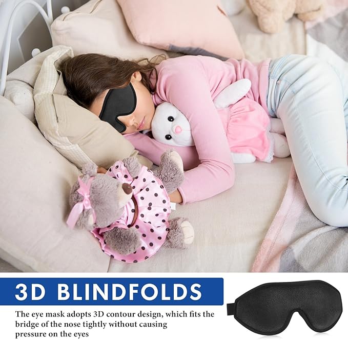 Coume Sleep Mask for Kids 3D Light Block Sleeping Blindfold Memory Foam Contoured Eye Mask with Adjustable Strap Zero Pressure Eye Cover for Boys Girls for Travel Home Office Meditation(Black)