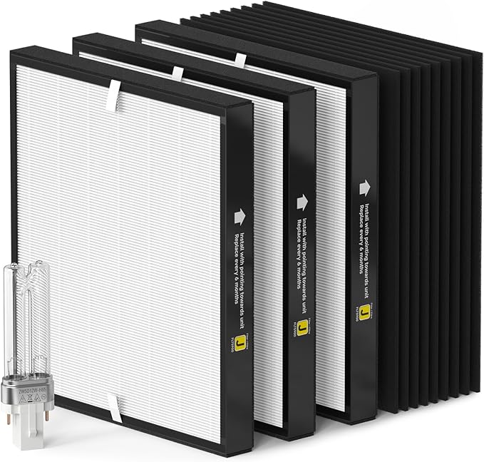 3-Pack FLT5900 Replacement J Filter & LB4000 Bulb for AC5900WCA and AC5900WDLX Air Puri fiers | True HEPA H13 + Activated Carbon Combo