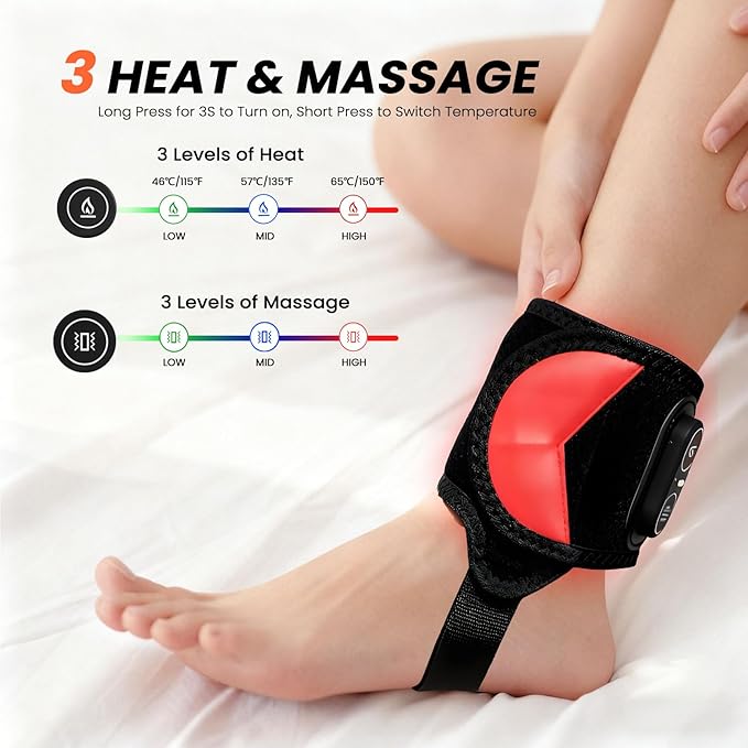 Cordless Red Light Therapy for Ankle Massager Heating Pad, 660nm Red & 850nm Near Infrared Light Therapy Wrap with Vibration & Heat, 3000mAh Rechargeable for Ankle Wrist Foot Arch Comfort (Black)