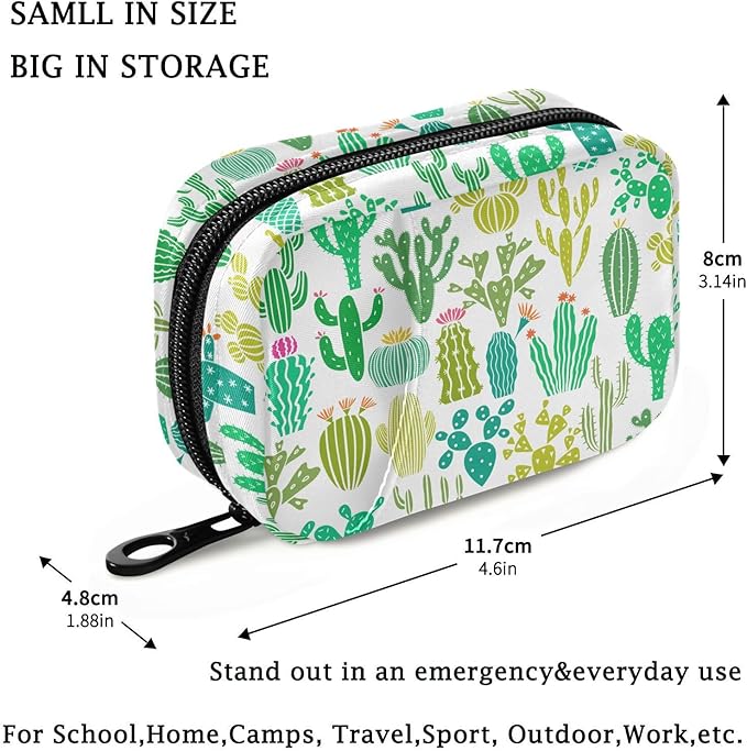 Fustylead Simple Cute Green Cactus Botanical Plant Travel Pill Organizer Bag with Zipper Small Pill Box 7 Day Pill Case for Purse Storage Weekly Vitamin Medicine Supplement