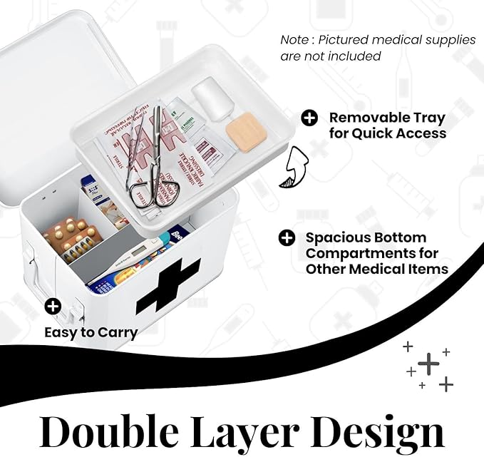 Flexzion First Aid Medicine Box Supplies Kit Organizer - Empty 8" White Metal Tin Medic Storage Bin Hard Case with Removable Tray Gold Cross, Vintage Antique Boxes for Home Family Emergency Tool Set