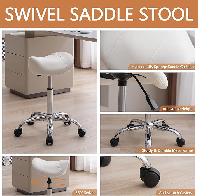 Saddle Stool, Swivel Saddle Stool with Wheels, Adjustable Rolling Stool 18"-26", Faux Leather Rolling Stool for Salon, Massage, Clinic, Lab, Office (White, 1PCS (18"-26"))