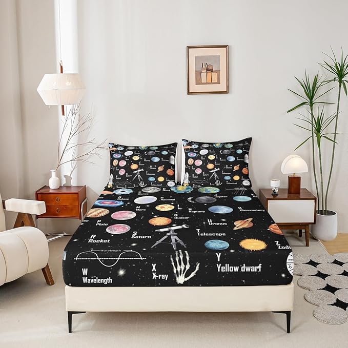 Solar System Bedding Set Full Size for Boys Girls, ABC Alphabet Bed Sheet Set Solar System Alphabet Fitted Sheet Educational Bed Cover with 2 Pillow Case (No Flat Sheet)