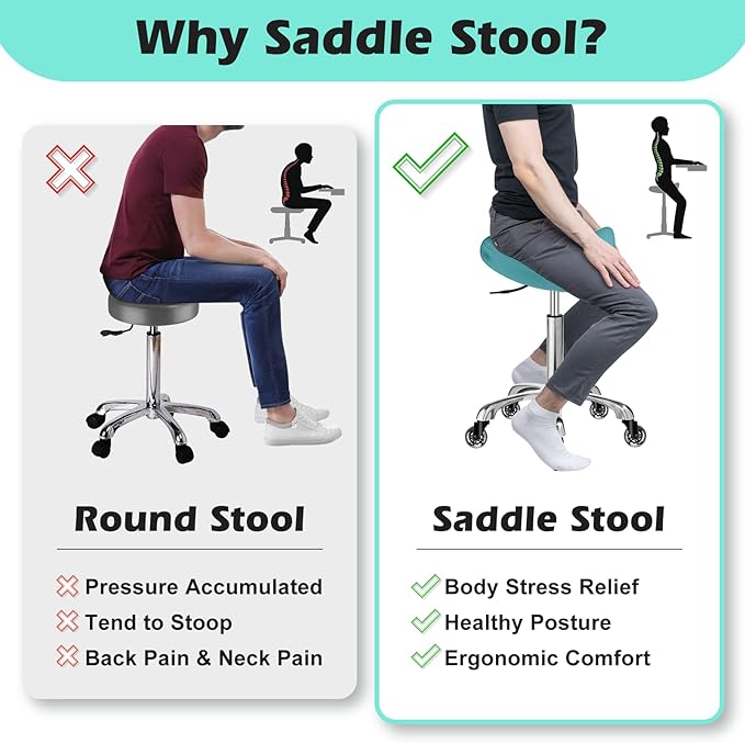 Saddle Stool with wheels Ergonomic - Heavy Duty 400lbs, Upgraded Thick Saddle Cushion, Healthy Posture Correction, Swivel Adjustable Rolling Saddle Stool, Saddle Chair for Salon Massage Home (Green)