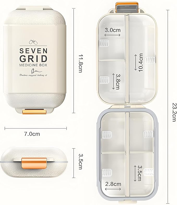 Pill Organizer Box,Travel Portable Pill Case, Pill Box Dispenser,Essentials Supplement Holder Portable Vitamin Sorter Jumbo Size 7 Compartment Container Daily Medicine