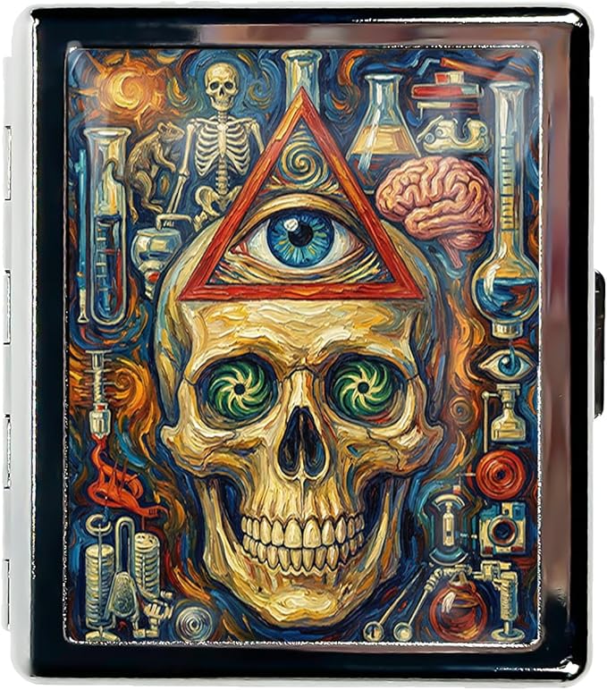 Metal 7 Day Pill Organizer, Weekly Pill Case 8 Compartments, Travel Pill Box for Purse & Pocket, Small Medicine & Vitamin Organizer, PP Dividers, Secure Clasp (Skull)