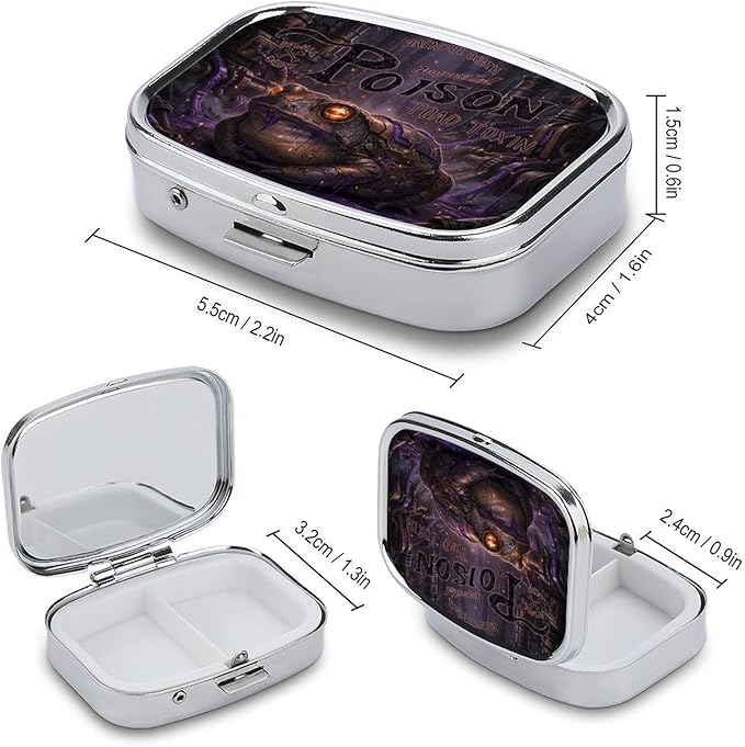 Metal 2 Compartment Pill Organizer Travel Friendly Portable Compact Pill Box Cute Pill Case,for Pocket Wallets Daily Portable Medicine Vitamin Tablet Storage (Dark-Colored Toad)