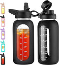 CIVAGO 32 oz Glass Water Bottle with Straw and Handle, Large Sports Motivational Water Bottle Flask with Time Marker and 2 Lids, Leakproof Water Jug Canteen with Silicone Sleeve for Gym,Black