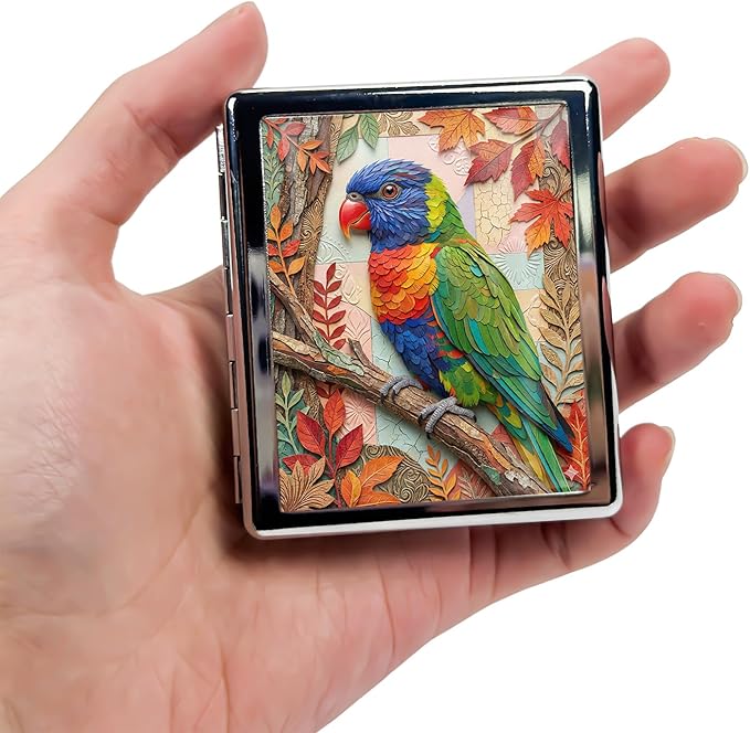 Metal 7 Day Pill Organizer, Cute Small Weekly Pill Case with 8 Compartments for Travel, Moisture-Proof Medicine Holder for Purse, Compact Daily Vitamin Box (Autumn Parrot)