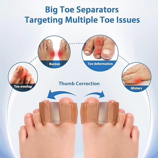 2-Pack Bunion Toe Separators for Overlapping Toes, 3-Point Support Gel Toe Spacers with 2 Fabric Lining Loops for Toe Protectors, Bunion Corrector for Women Men Big Toe (L)