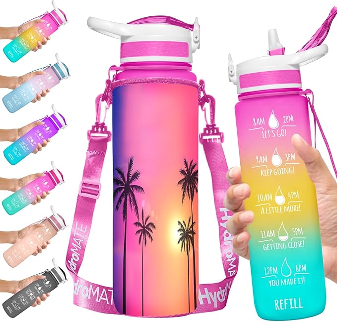 NatureWorks HydroMATE 32 oz Water Bottle with Time Markings Hourly BPA Free Reusable Leak Proof with Straw and Carrying Sleeve 1 Liter