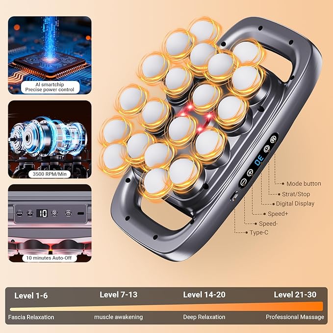 20 Head Massage Gun Deep Tissue, 2026 Upgrade Back Muscle Massager with3 Modes & 30 Intensities,2600mAh,6H Runtime Quiet Percussion Massager for Legs, Waist, Back Muscle Pain Relief