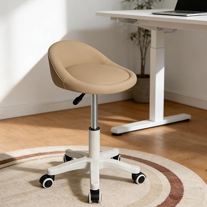 Rolling Stool Chair with Backrest, Round PU Leather Adjustable Height Hydraulic Swivel Rolling Stool for Spa Salon Tattoo Massage Doctor Dental Medical Office Khaki