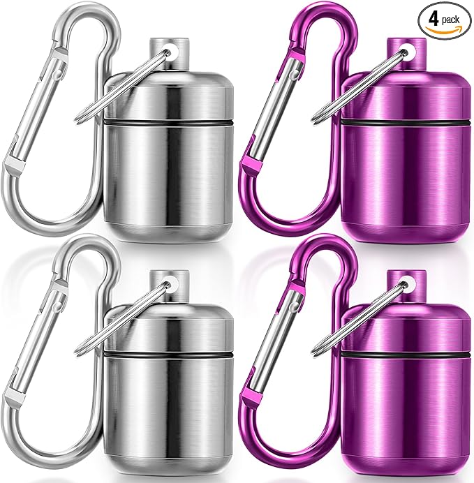 Hicarer 4 Pack Ear Plug Carrying Case, Waterproof Metal Ear Plug Holder with Keychain, Portable Small Pill Case Container for Earplugs, Jewelry, Pill Organizer for Travel or Sports(Silver, Purple)
