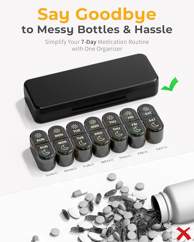 AM & PM Pill Organizer 7 Days, Weekly Pill Case 2 Times a Day, Pill Box 7 Day, Medicine Pill Organizer for Travel, Vitamins, Fish Oils, Supplements