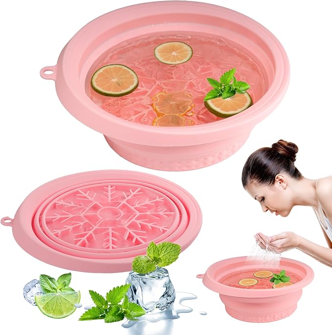 Ice Bowl for Face with Built-in Ice Tray, Foldable Silicone Face Bowl for Ice, Facial Ice Bath Bowl, Skin Tightening & Acne Relief, Portable Ice Face Bowl for Home Travel - Pink