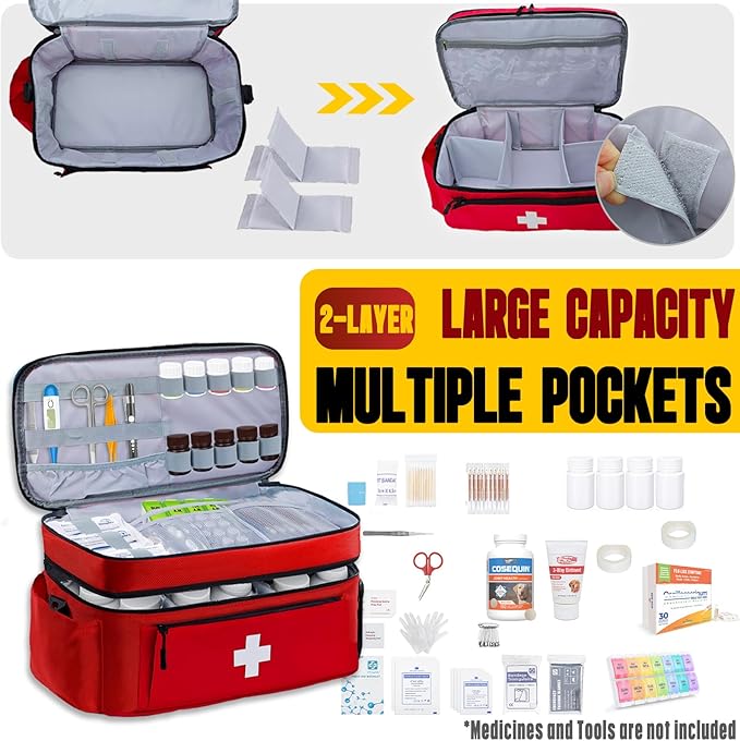 2-Layer First Aid Bag Empty 15¾”x 9½”x7” Medical Bag Red Pill Bottle Box Portable Emergency Bag for Outdoor Travel & Home Use, Medicine Kit Organizer Case with Shoulder Strap (Large)