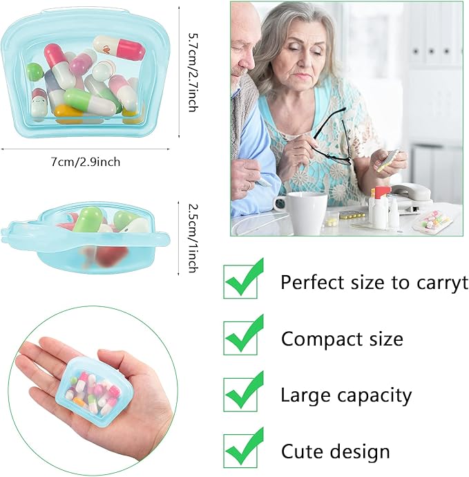 Nuenen 4 Pieces Small Portable Open Pill Pouch Silicone Medicine Pouch Bag Reusable Medicine Storage Pocket Clear Travel Pill Bag Resealable Organizer Pouches(Blue, Rose Gold)