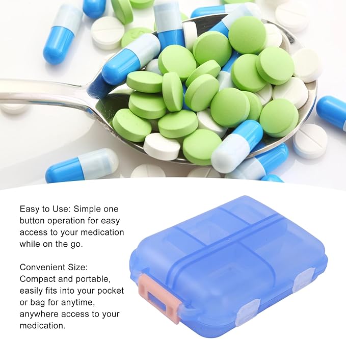Travel Pill Organizer, Plastic 10 Compartments Pill Case Portable Pill Box Buckle Lock Weekly Portable Pill Holder Container for Purse (Blue)