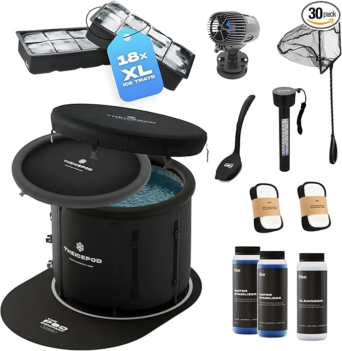 The Pod Company Pro Ice Pod Complete Cold Plunge Bundle – 100-Gallon Ice Bath with 18 Ice Bricks, Insulated Lid & Cover, Water Jet, Maintenance & Cleaning Kit, Thermometer & Floor Mat