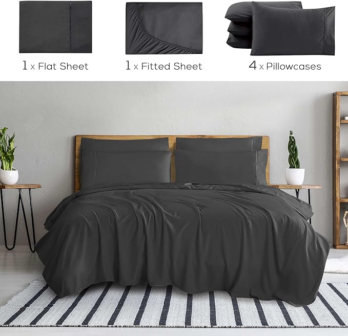 Mueller Ultratemp Bed Sheets Set, Super Soft 1800, 6 Piece California King Sheet Sets, Deep Pocket up to 16", Transfers Heat, Breathes Better, Hypoallergenic, Wrinkle-Resistant, Oeko-TEX, Dark Grey