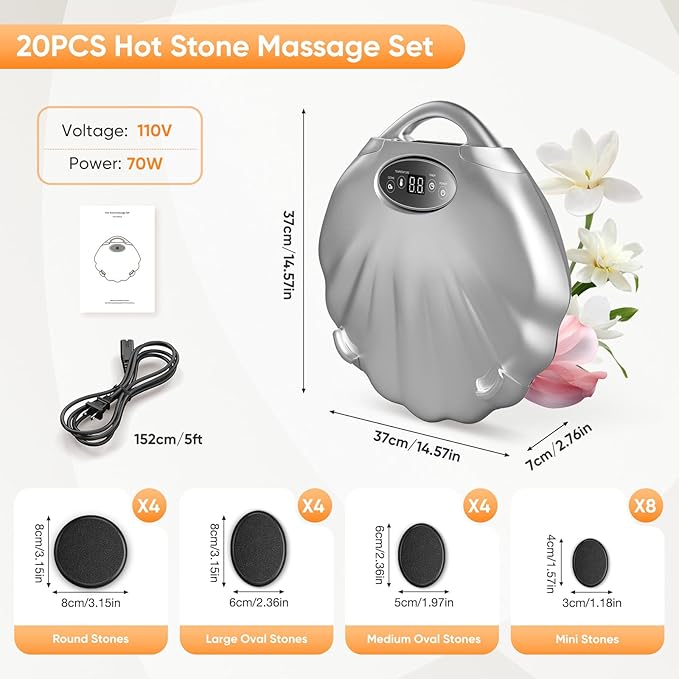 20PCS Hot Stones Massage Set, Hot Stones Massage Warmer Kit, Portable Massage Stones Basalt Hot Rocks Massage Stone for Professional or Home SPA, Therapy Relaxing, Healing, Pain Relief(Silver)