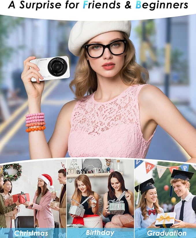 4K Digital Camera, Wevoor 64MP Point and Shoot Digital Camera with Autofocus, 18X Zoom, 20 Filters, 64GB SD Card, 2000 mAh Battery, 2.8" Screen Compact Vlogging Camera for Beginners Teens Adult(White)