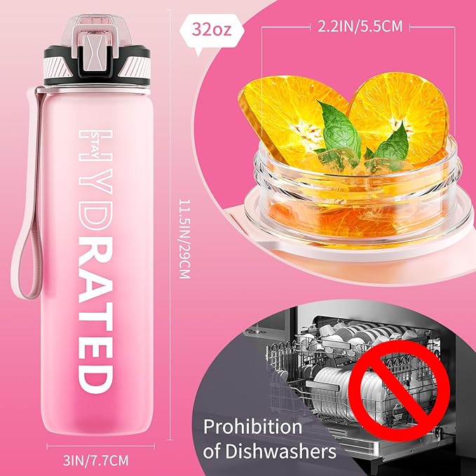 Water Bottle with Straw, 32oz Motivational Water Bottles with Time Marker to Drink, Tritan BPA Free, 1L Sports Water Bottle with Carry Strap LeakProof for Women Gym Fitness Outdoor (1 Pack)