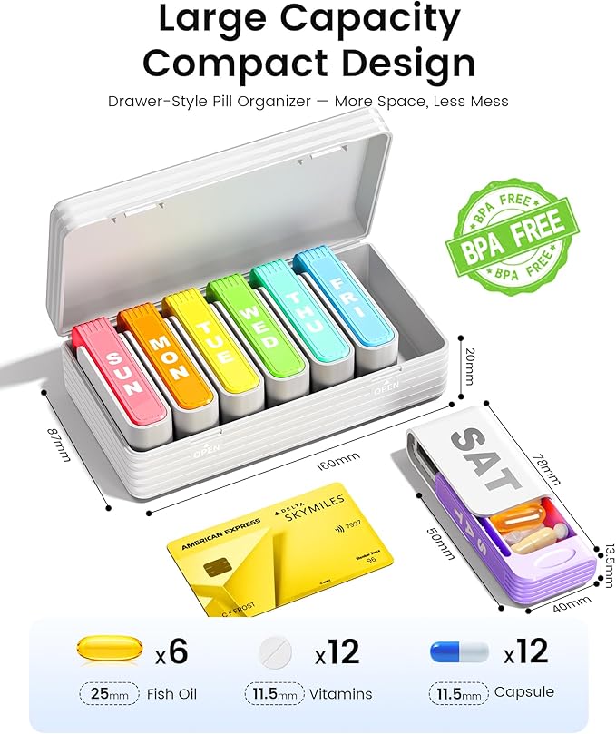 Daviky Weekly Pill Organizer 1 Time a Day, Travel Drawer-Style Pill Box for Daily Medication, 7-Day Pill Case, Compact & Portable, Ideal for Vitamins, Fish Oils & Supplements(White)