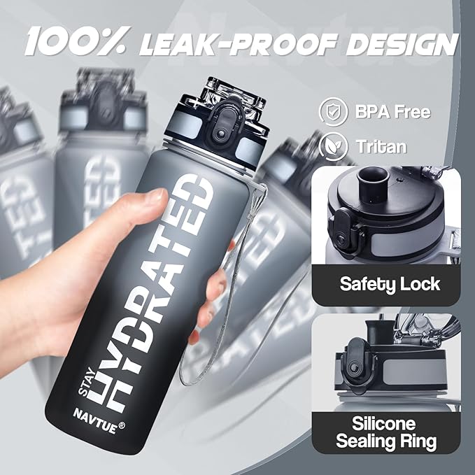 Water Bottle, 16.9 OZ Sports Water Bottles with Time Marker Wide Mouth, Motivational and Leakproof Drink Bottle, BPA Free Tritan with Carry Strap for Gym Fitness Outdoor(1 Bottle)