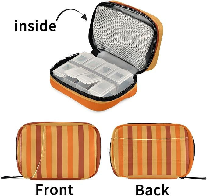 Autumn Striped Orange Travel Pill Organizer Case Box Container Weekly Portable Vitamin Medicine Holder Storage Bag with Zipper Removable